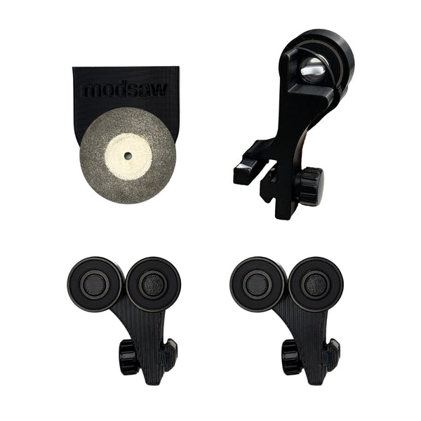 upgrade kit for the modsaw shown including ceramic bearings, a knock-in adapter, and an extra diamond-coated blade