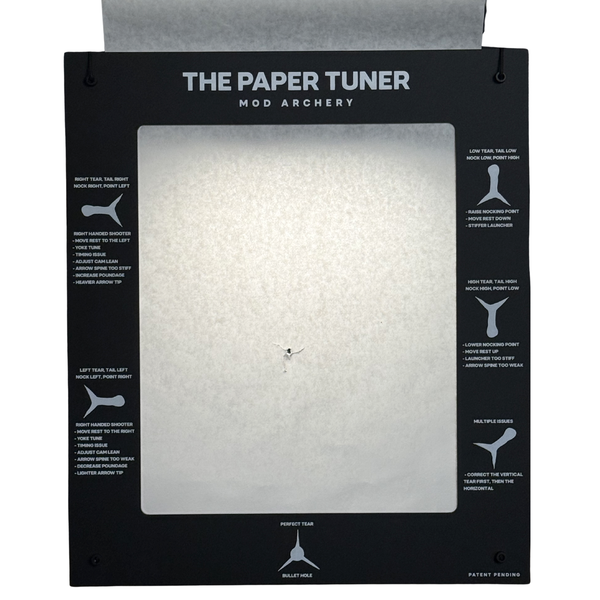 the paper tuner bow tuning system shown in use with an arrow shot through it 